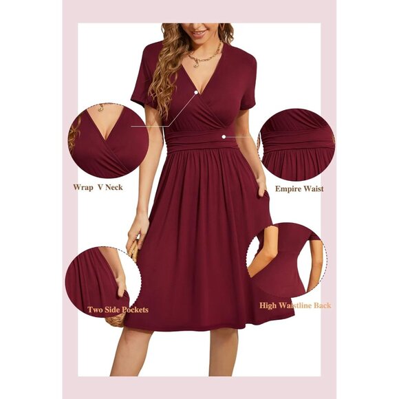 Women Blue Leaf Short Sleeve V-Neck Floral Stretchy Party Dress with Pockets - Picture 4 of 5